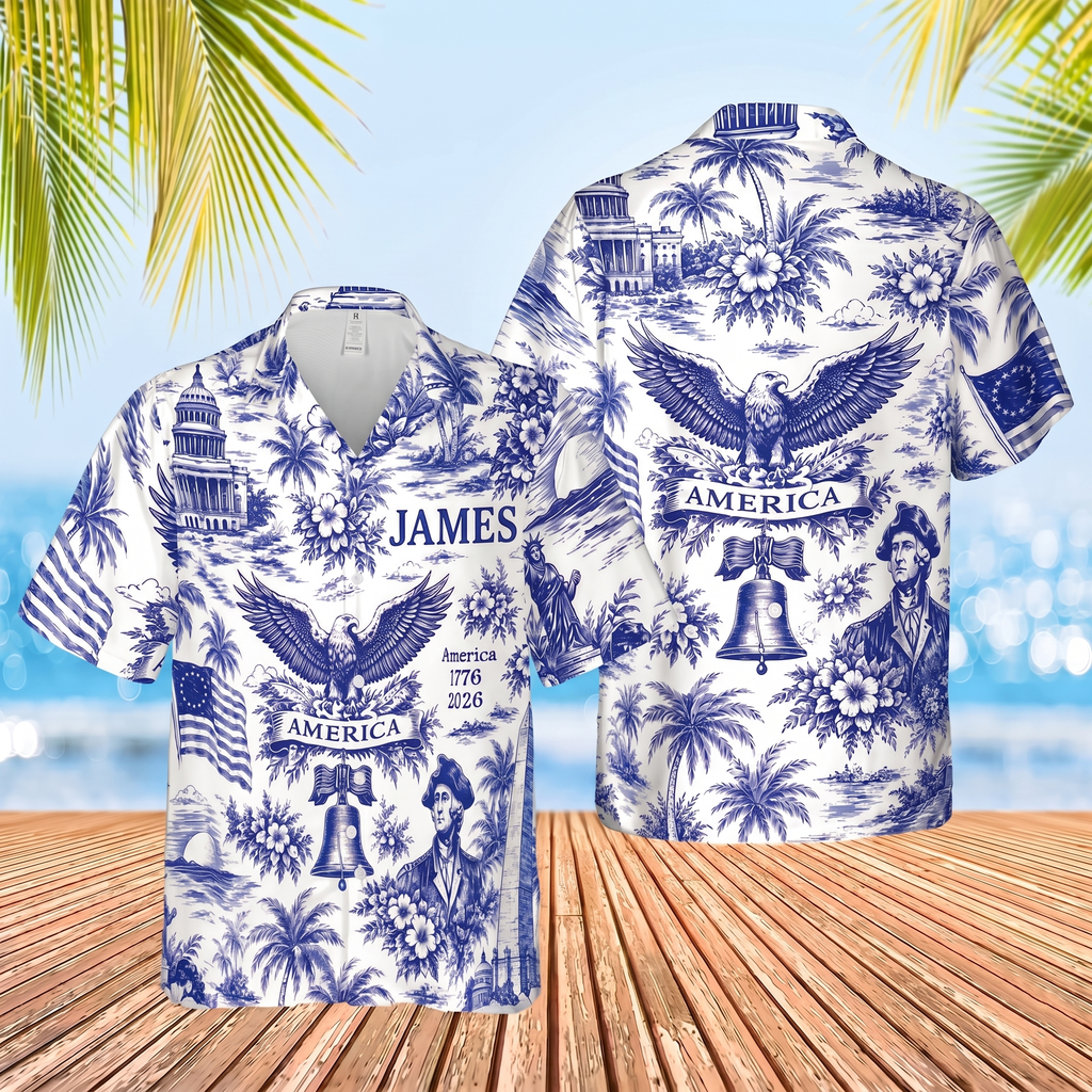 Personalized America 250 Years Anniversary Hawaiian Shirt | Vintage Patriotic AOP Hawaii Shirt | Custom Name 4th Of July Shirt 684910
