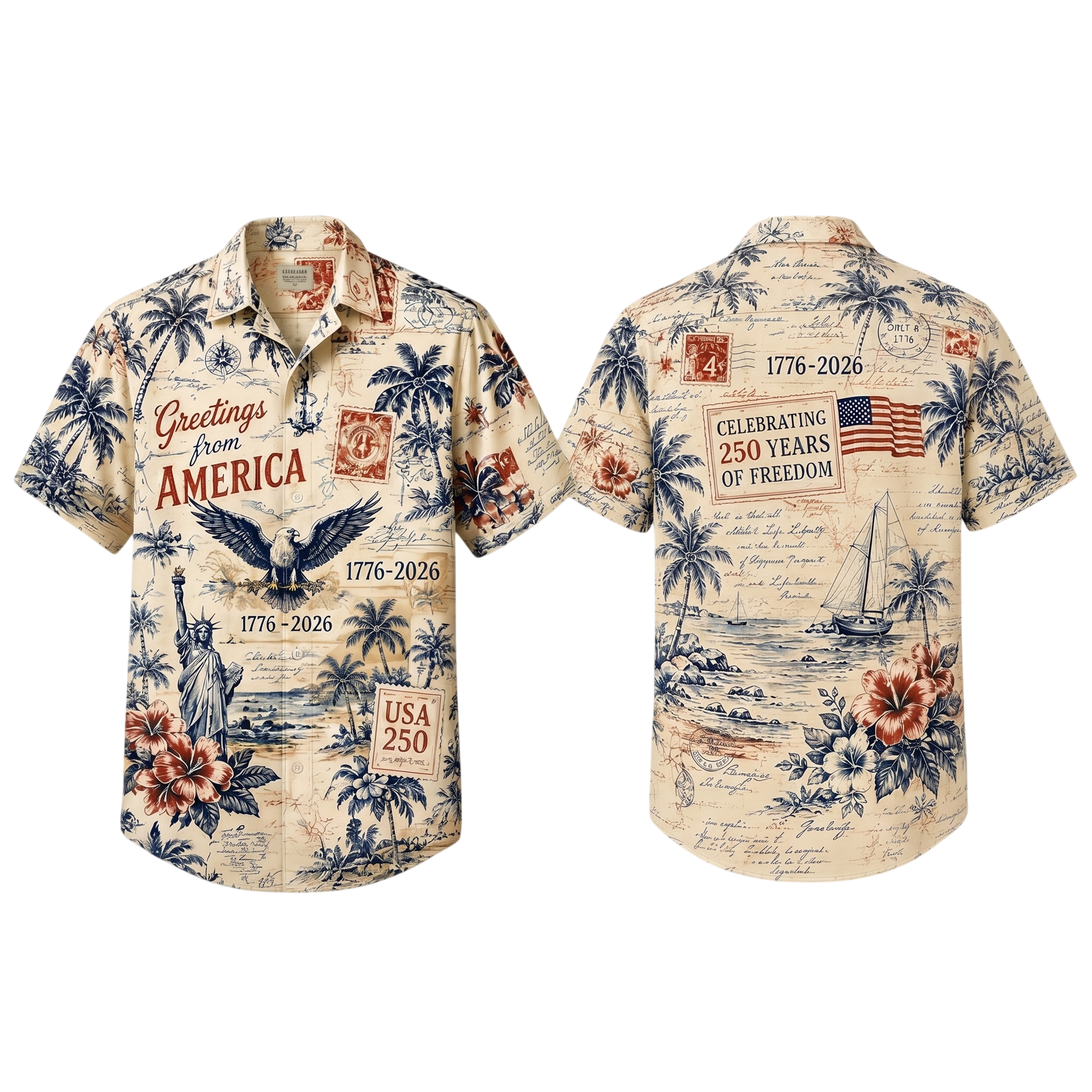 Vintage Greetings From America Hawaiian Shirt, USA 250th Anniversary AOP Hawaii Shirt 685263