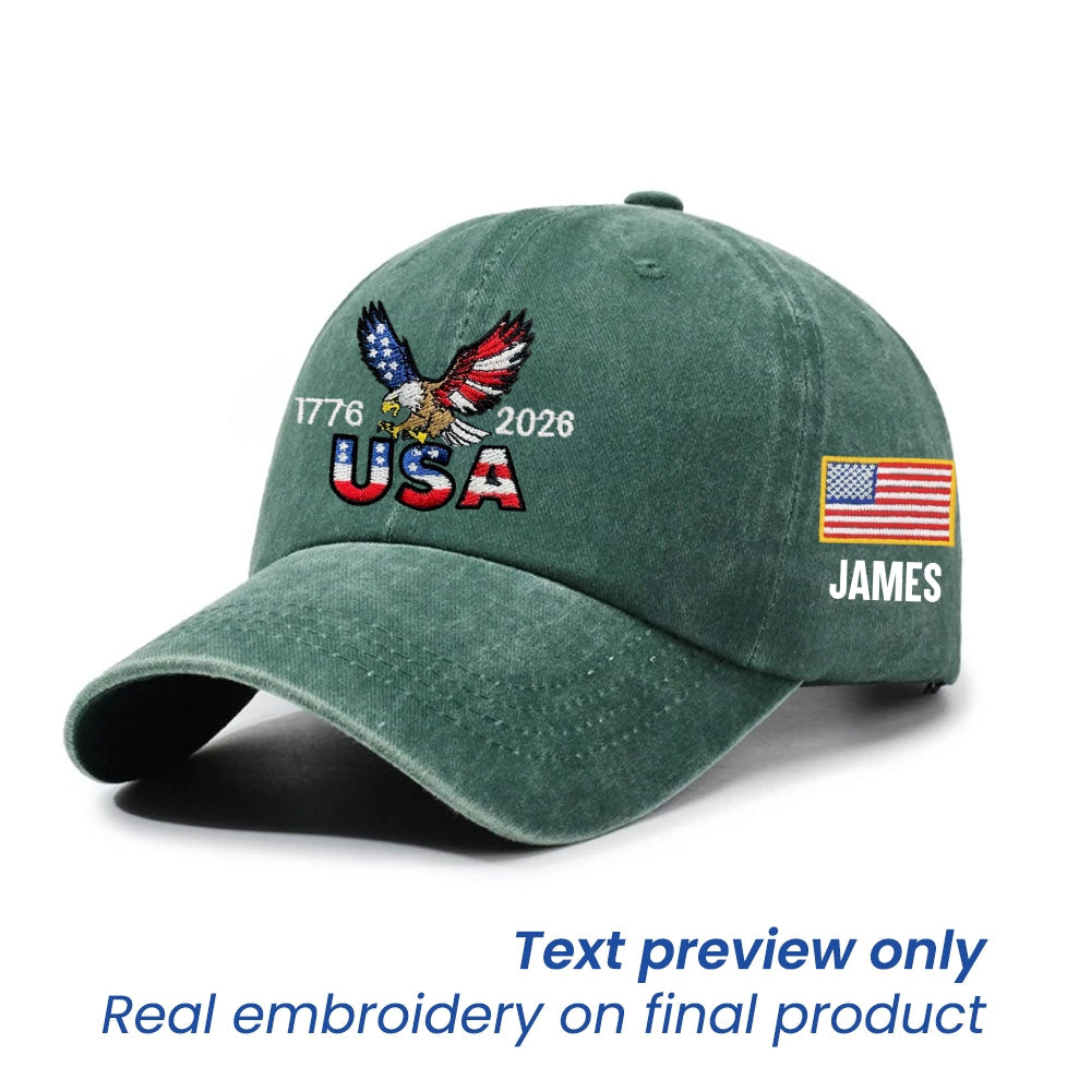 Personalized 250 Years USA Washed Cap with Embroidered American Flag, Patriotic Cap