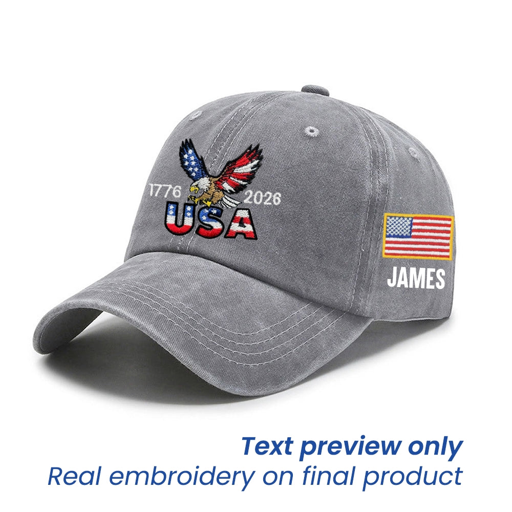 Personalized 250 Years USA Washed Cap with Embroidered American Flag, Patriotic Cap