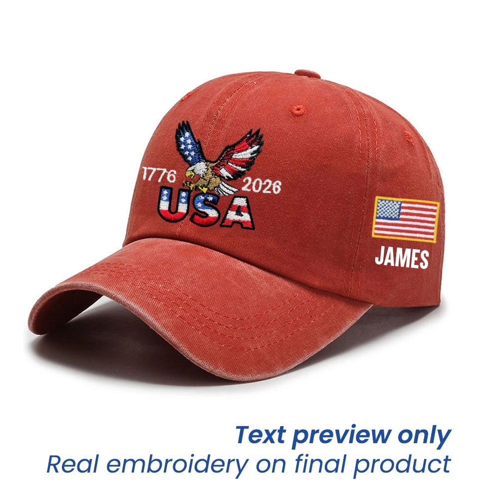 Personalized 250 Years USA Washed Cap with Embroidered American Flag, Patriotic Cap