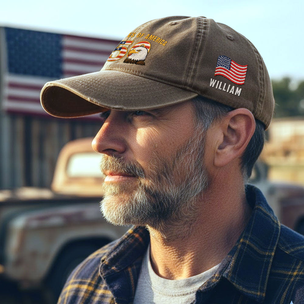 Personalized Patriotic 250th Anniversary Washed Cap with Embroidered American Flag