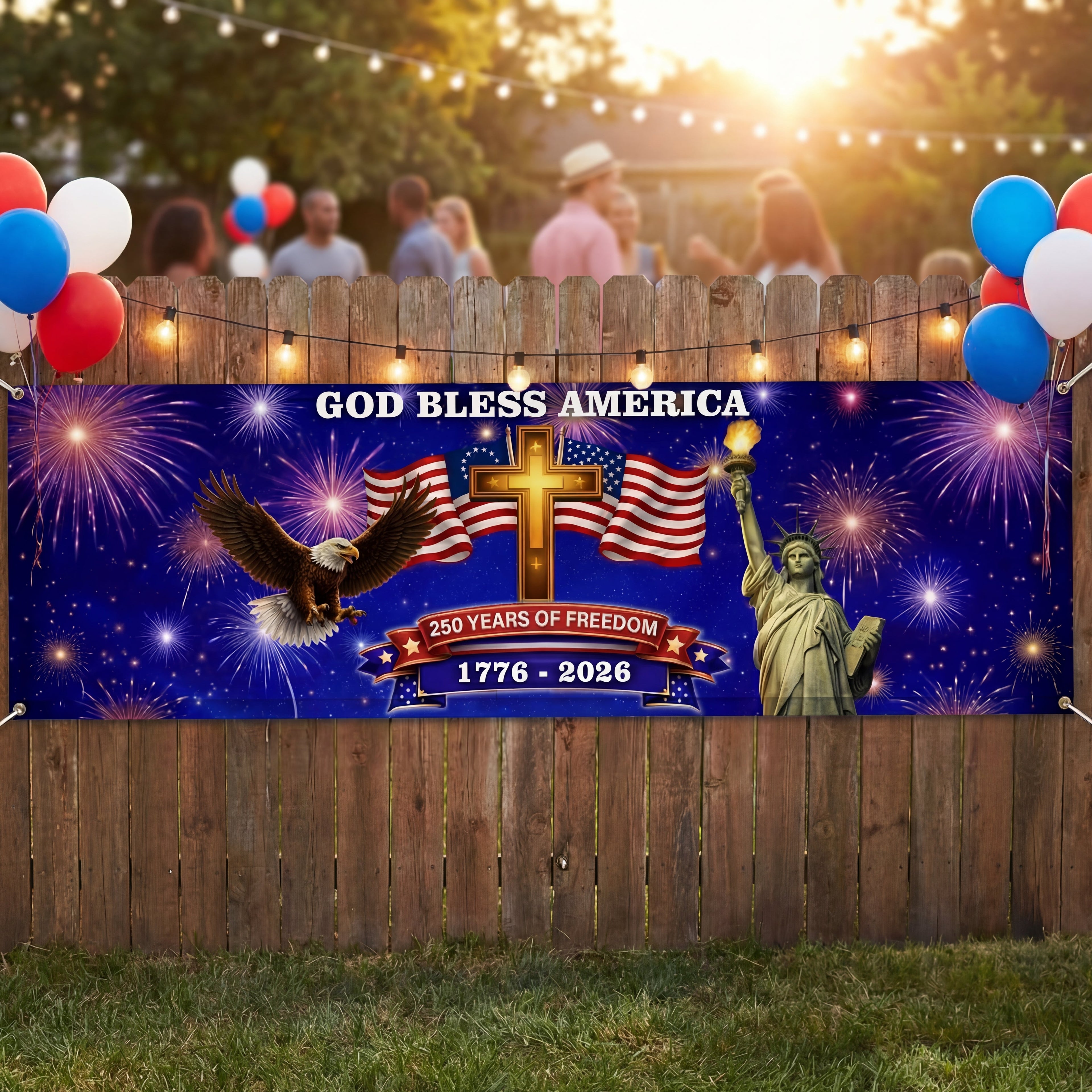 250 Years of Freedom Fence Banner, God Bless America Patriotic Outdoor flag