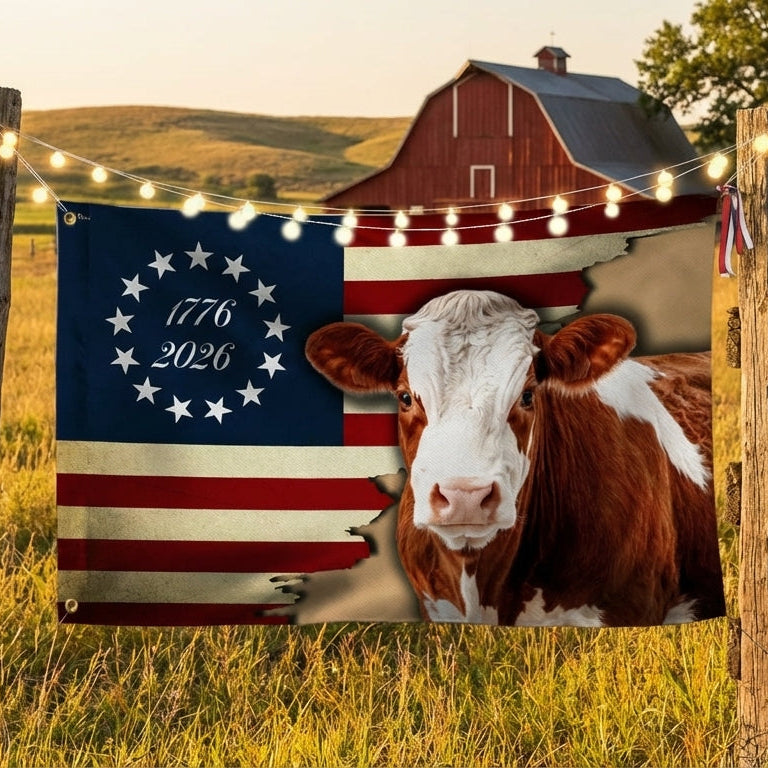 Hertford Cow American Flag, 1776 2026 Proud Cow Farmer Grommet Flag