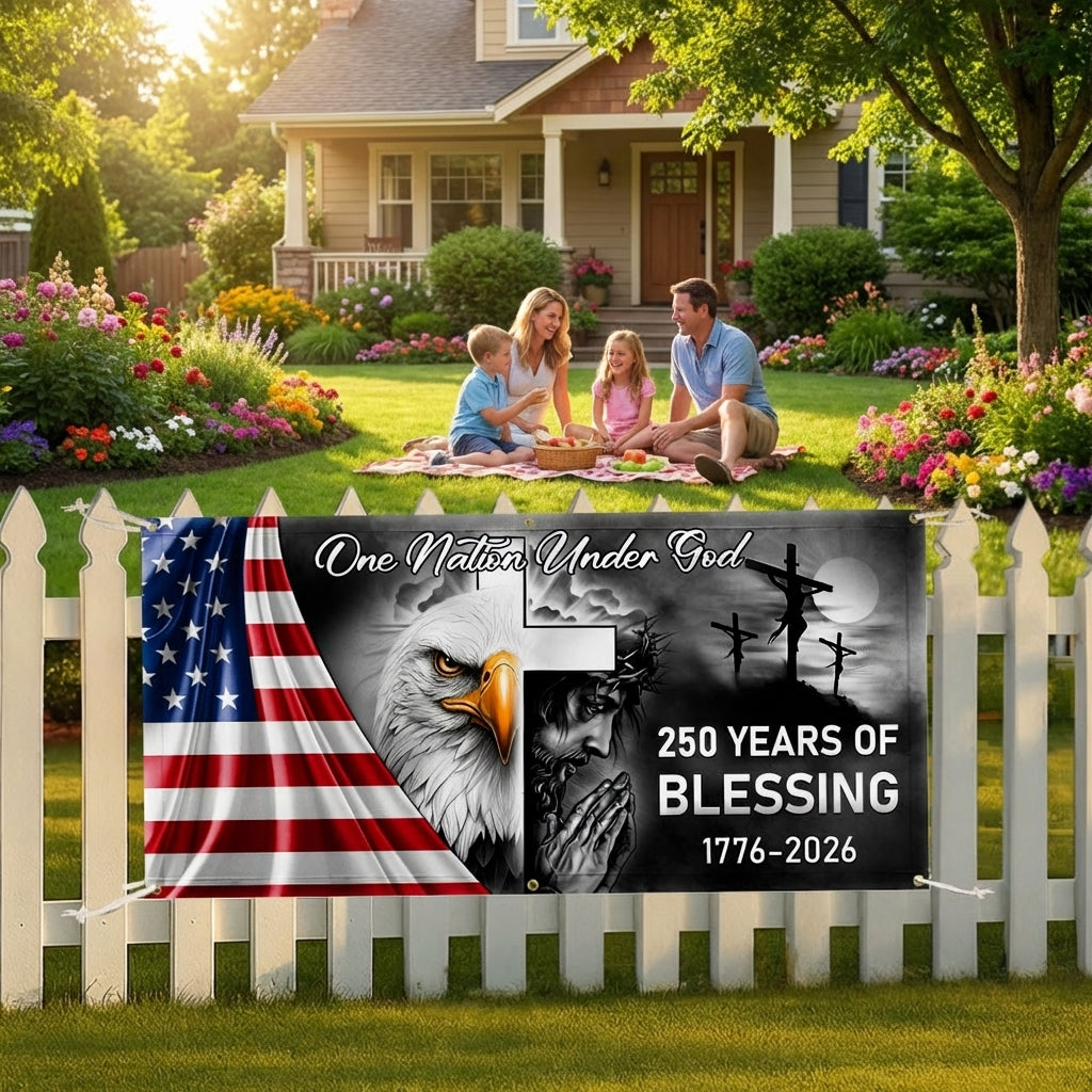 250 Years Of Blessing Fence Banner, One Nation Under Patriotic outdoor Flag
