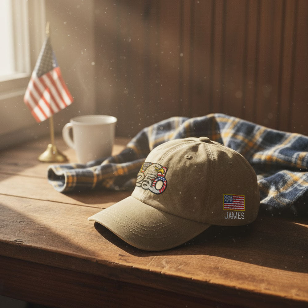 Personalized 250th Anniversary Washed Cap with Embroidered American Flag