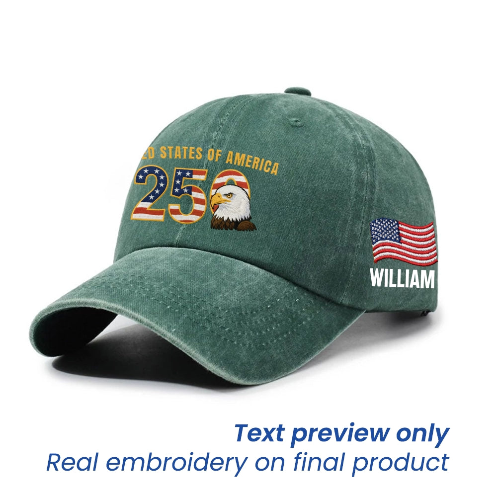 Personalized Patriotic 250th Anniversary Washed Cap with Embroidered American Flag