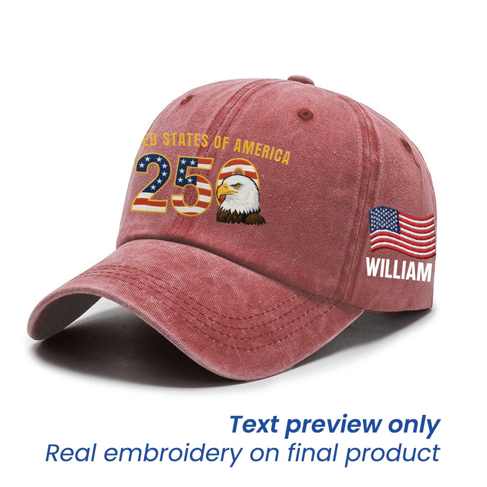 Personalized Patriotic 250th Anniversary Washed Cap with Embroidered American Flag