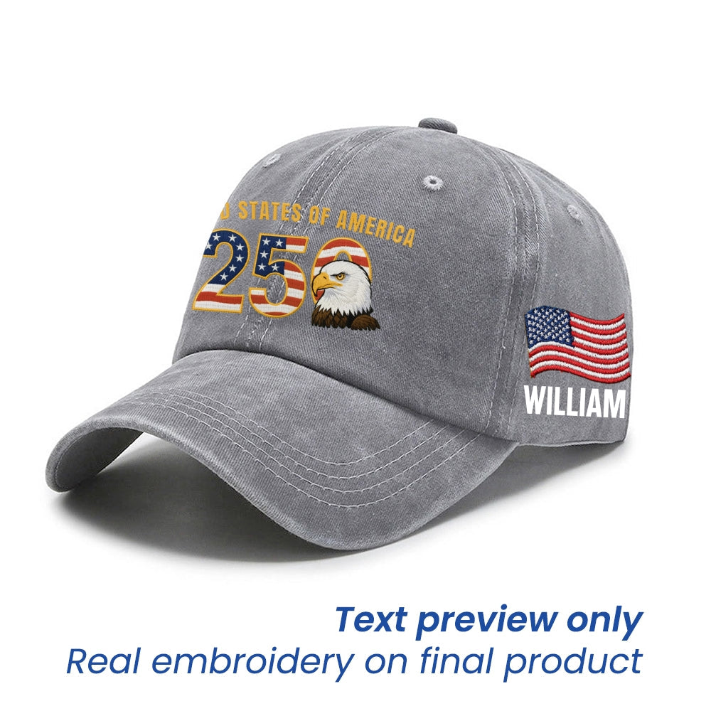 Personalized Patriotic 250th Anniversary Washed Cap with Embroidered American Flag