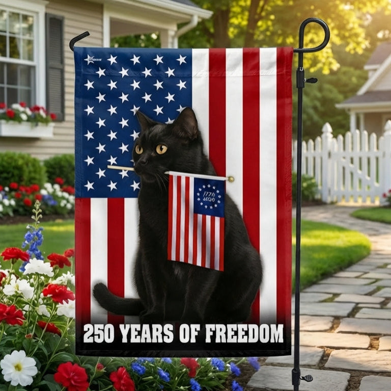 250 Years of Freedom Cat Flag, Patriotic Black Cat American Flag