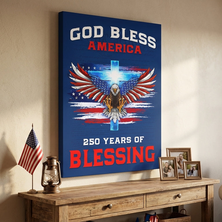 America 250th Canvas Wall Art, God Bless America with Eagle Cross Decor