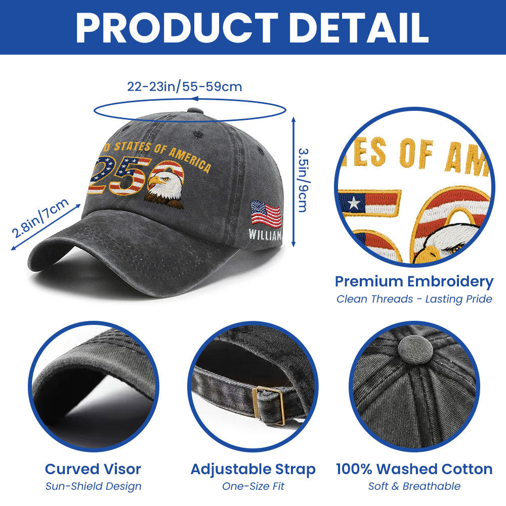 Personalized Patriotic 250th Anniversary Washed Cap with Embroidered American Flag