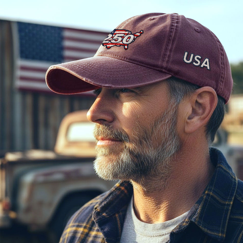 250 Years of USA Patriotic Washed Cap with Embroidered America Map
