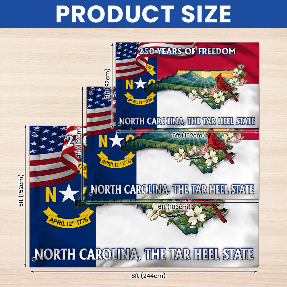 NC Patriotic Grommet Flag, 250 Years North Carolina Tar Heel State Cardinal Dogwood Flower Decor