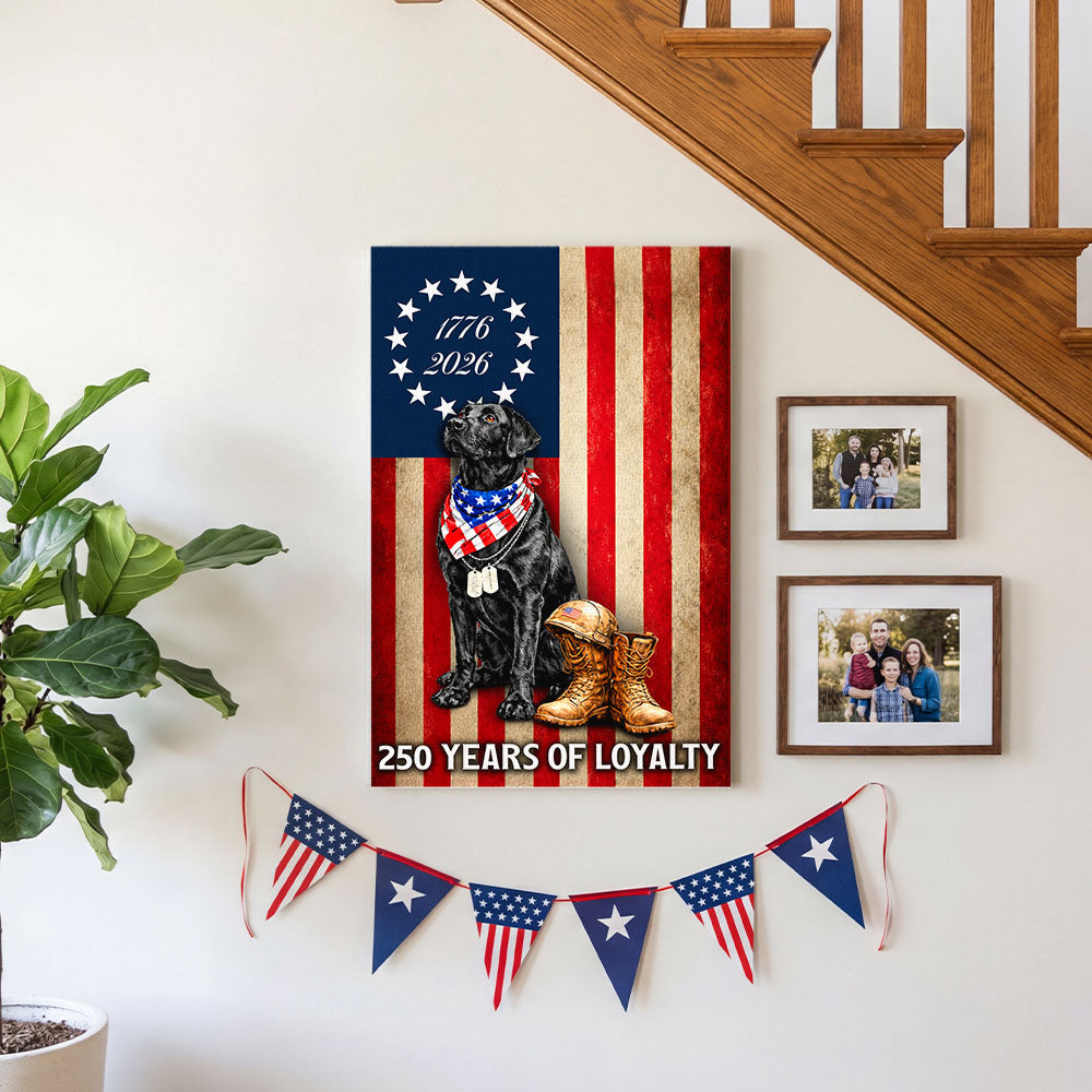 250 Years American Flag with Painting Patriotic Labrador Veteran Canvas Wall Art