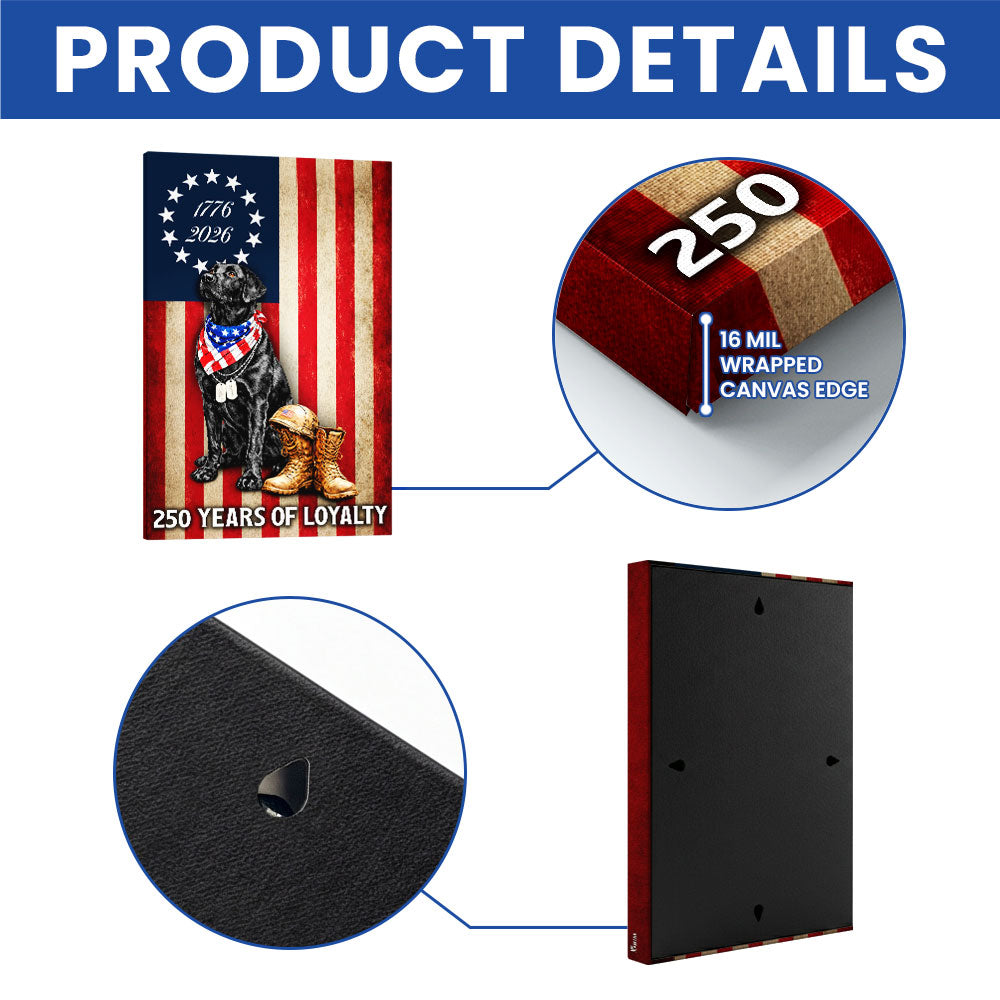 250 Years American Flag with Painting Patriotic Labrador Veteran Canvas Wall Art