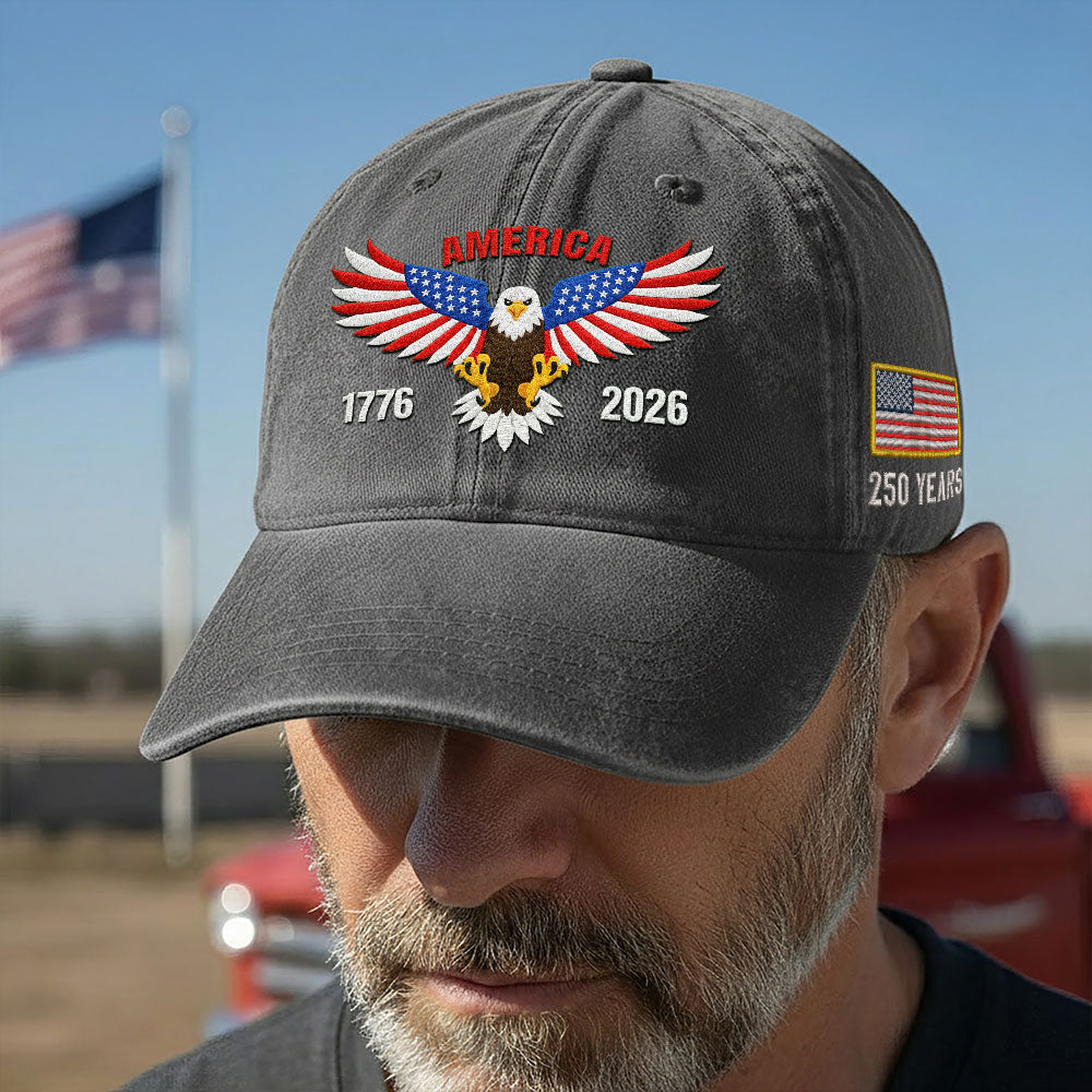 Patriotic 250 Years Washed Cap with Embroidered 1776 2026 American Flag