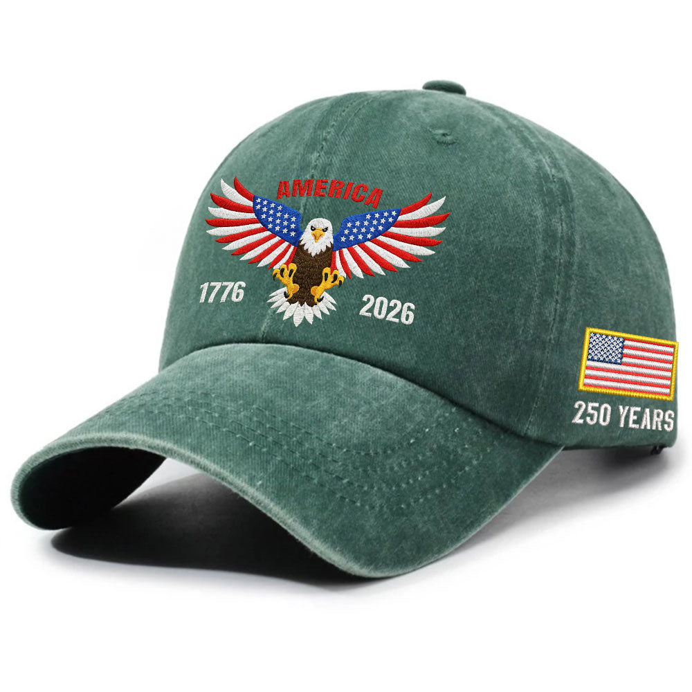 Patriotic 250 Years Washed Cap with Embroidered 1776 2026 American Flag