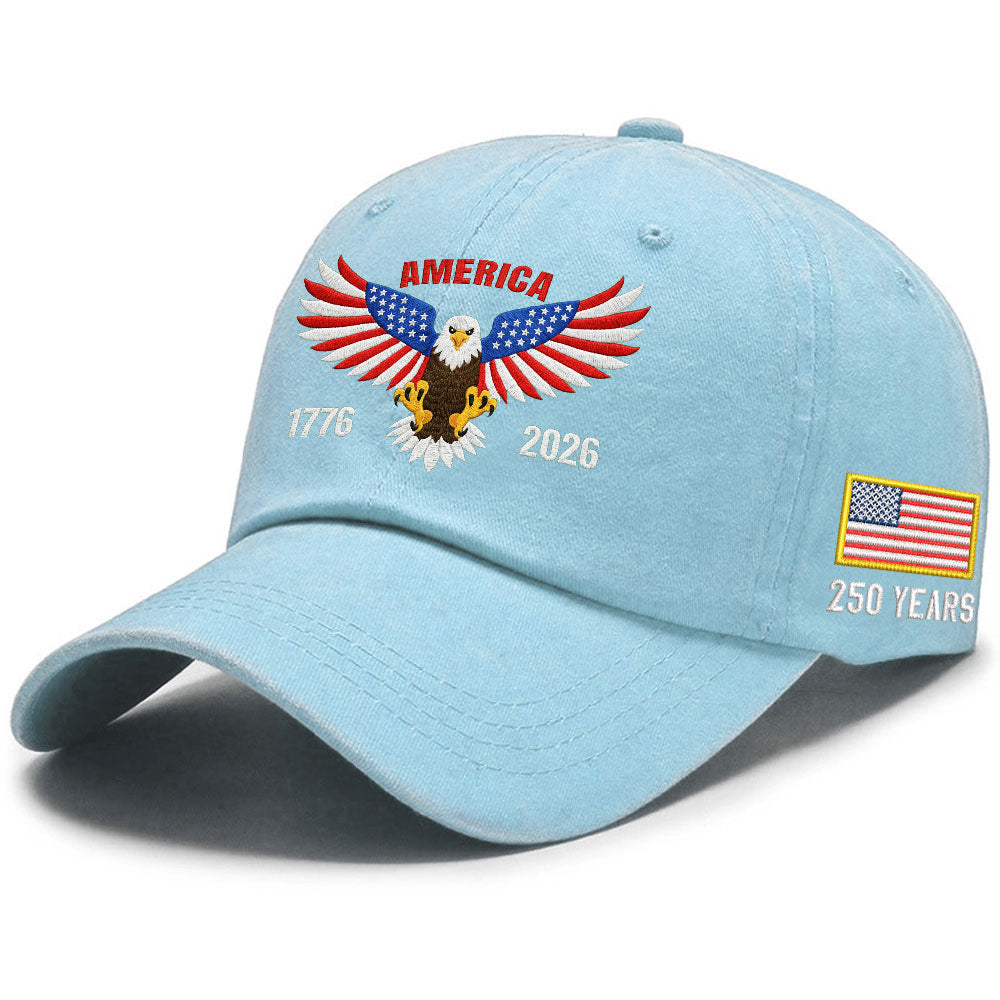 Patriotic 250 Years Washed Cap with Embroidered 1776 2026 American Flag