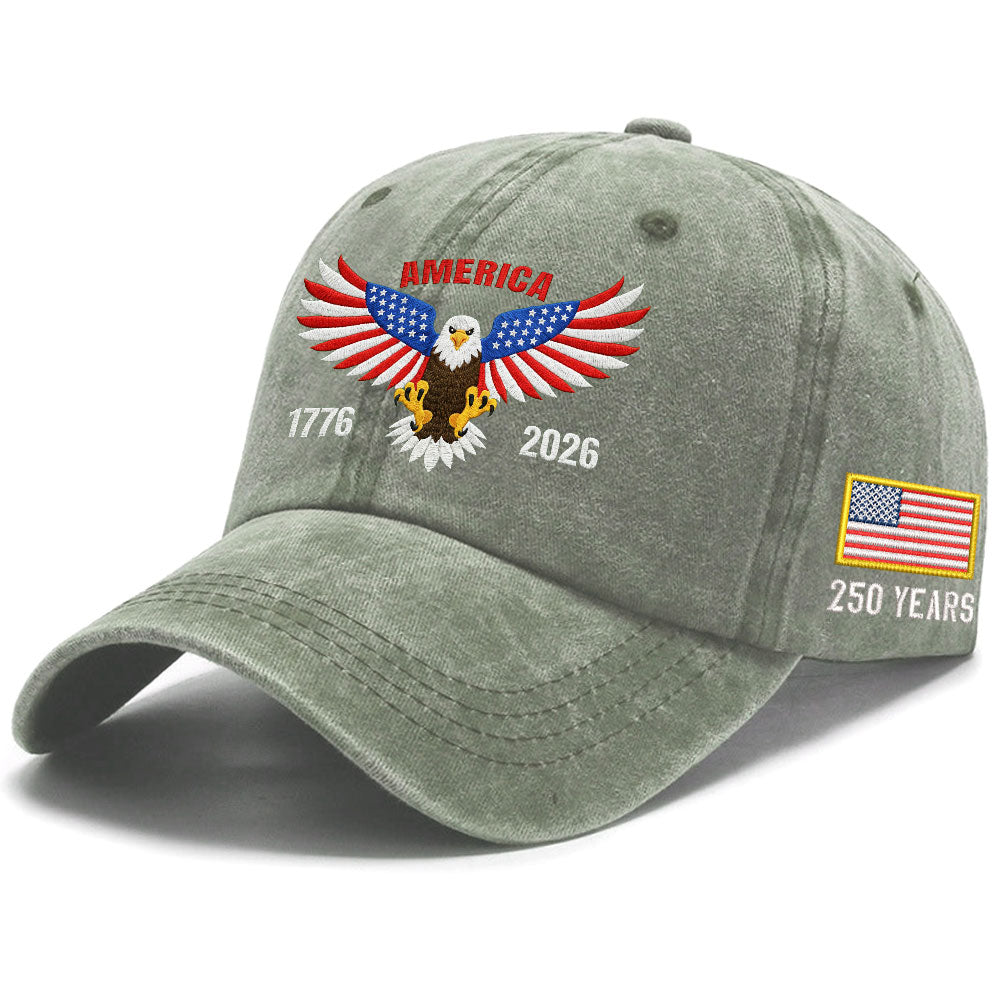 Patriotic 250 Years Washed Cap with Embroidered 1776 2026 American Flag