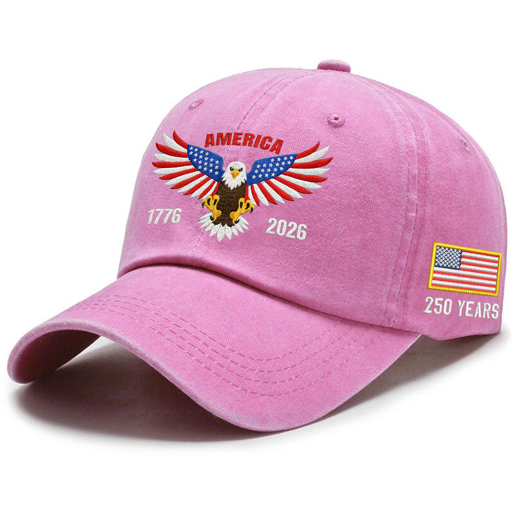 Patriotic 250 Years Washed Cap with Embroidered 1776 2026 American Flag