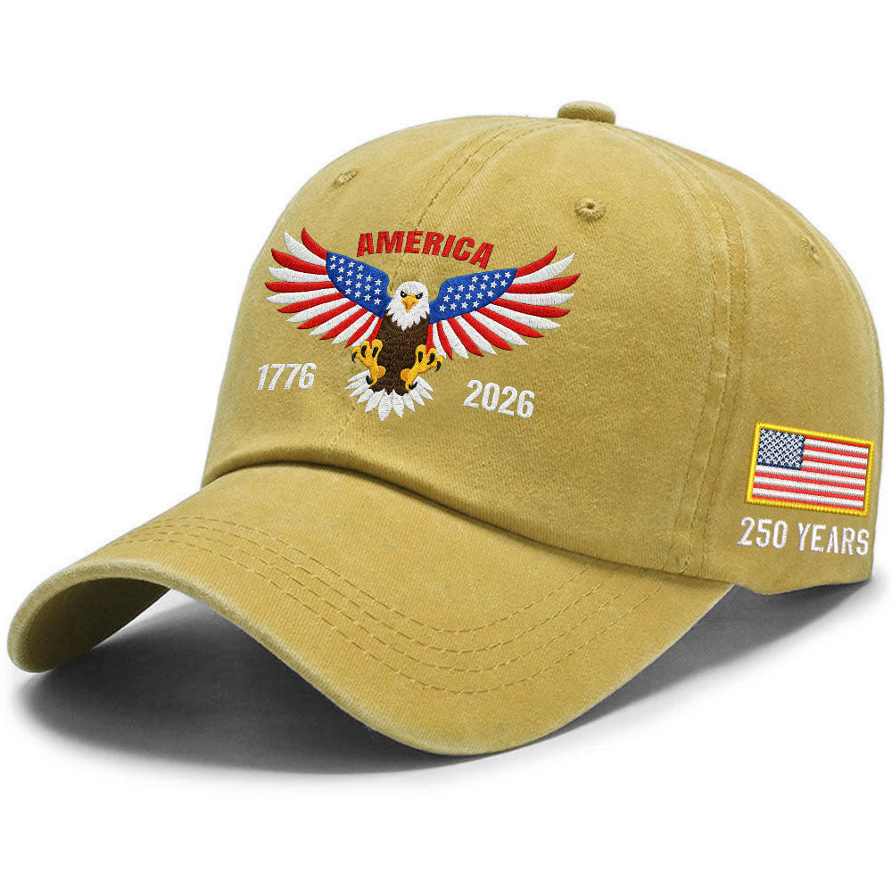 Patriotic 250 Years Washed Cap with Embroidered 1776 2026 American Flag