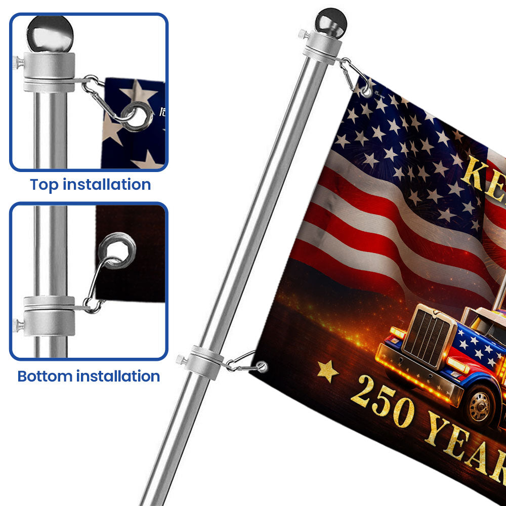 250 Years Strong Patriotic Truck Driver Grommet Flag, USA Keep On Rollin 1776 American Flag