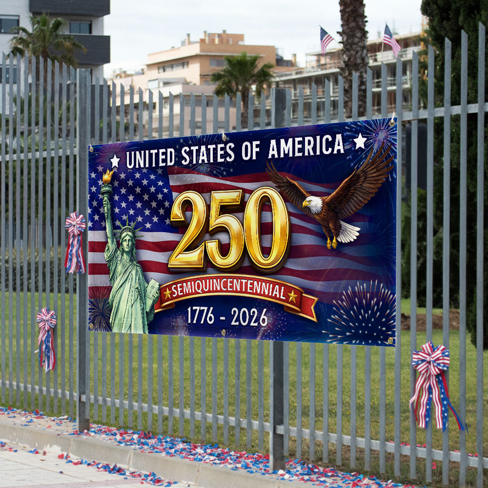 Celebrating USA 250 Years Semiquincentennial Fence Banner 1776 2026 Patriotic Flag