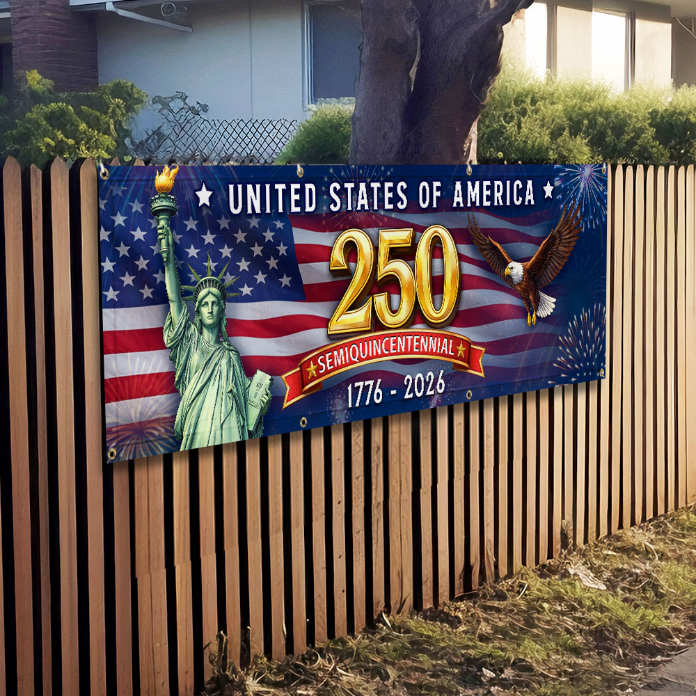 Celebrating USA 250 Years Semiquincentennial Fence Banner 1776 2026 Patriotic Flag