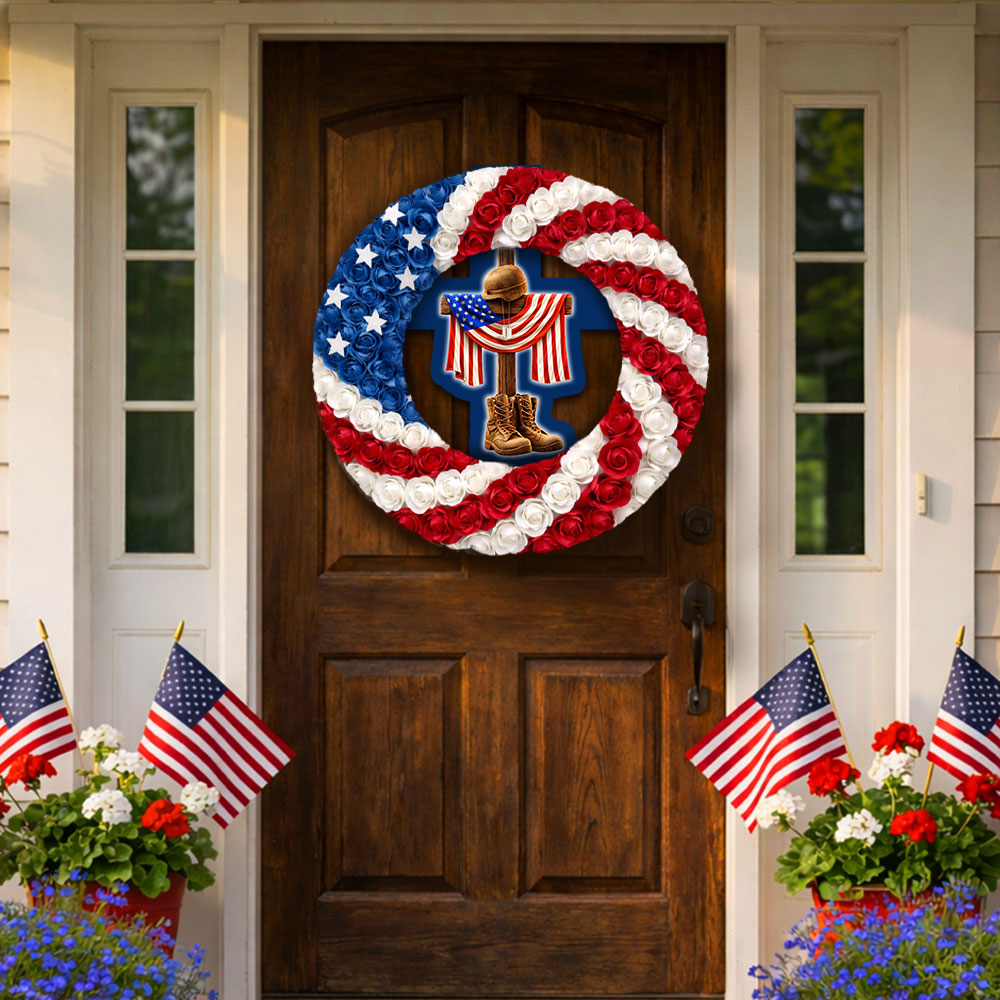Patriotic Veterans Wreath with Battlefield Cross Dog Tags Front Door Decor for 250 Years of America
