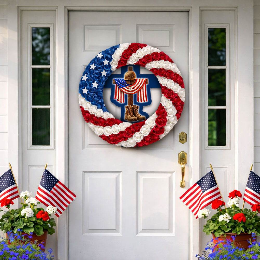 Patriotic Veterans Wreath with Battlefield Cross Dog Tags Front Door Decor for 250 Years of America