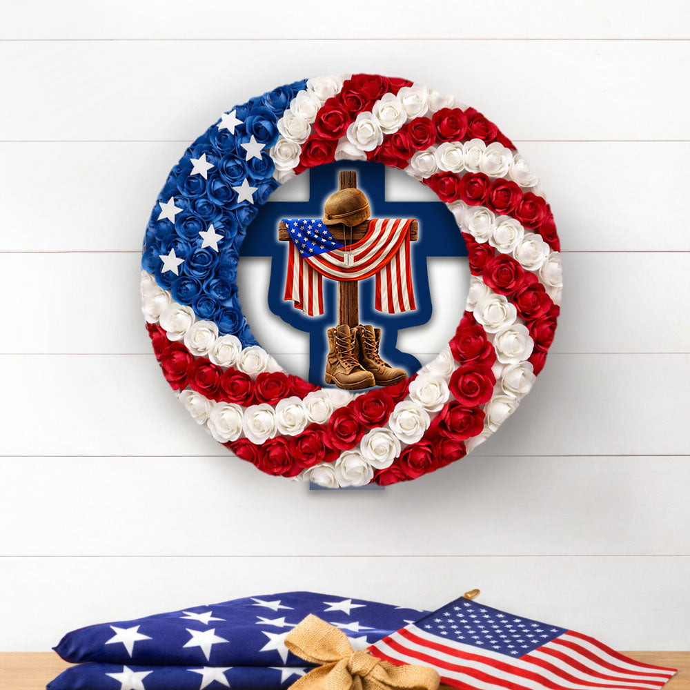 Patriotic Veterans Wreath with Battlefield Cross Dog Tags Front Door Decor for 250 Years of America