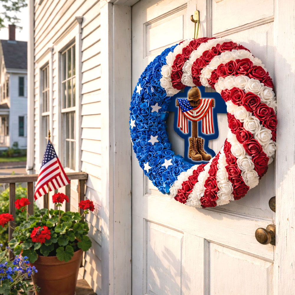 Patriotic Veterans Wreath with Battlefield Cross Dog Tags Front Door Decor for 250 Years of America