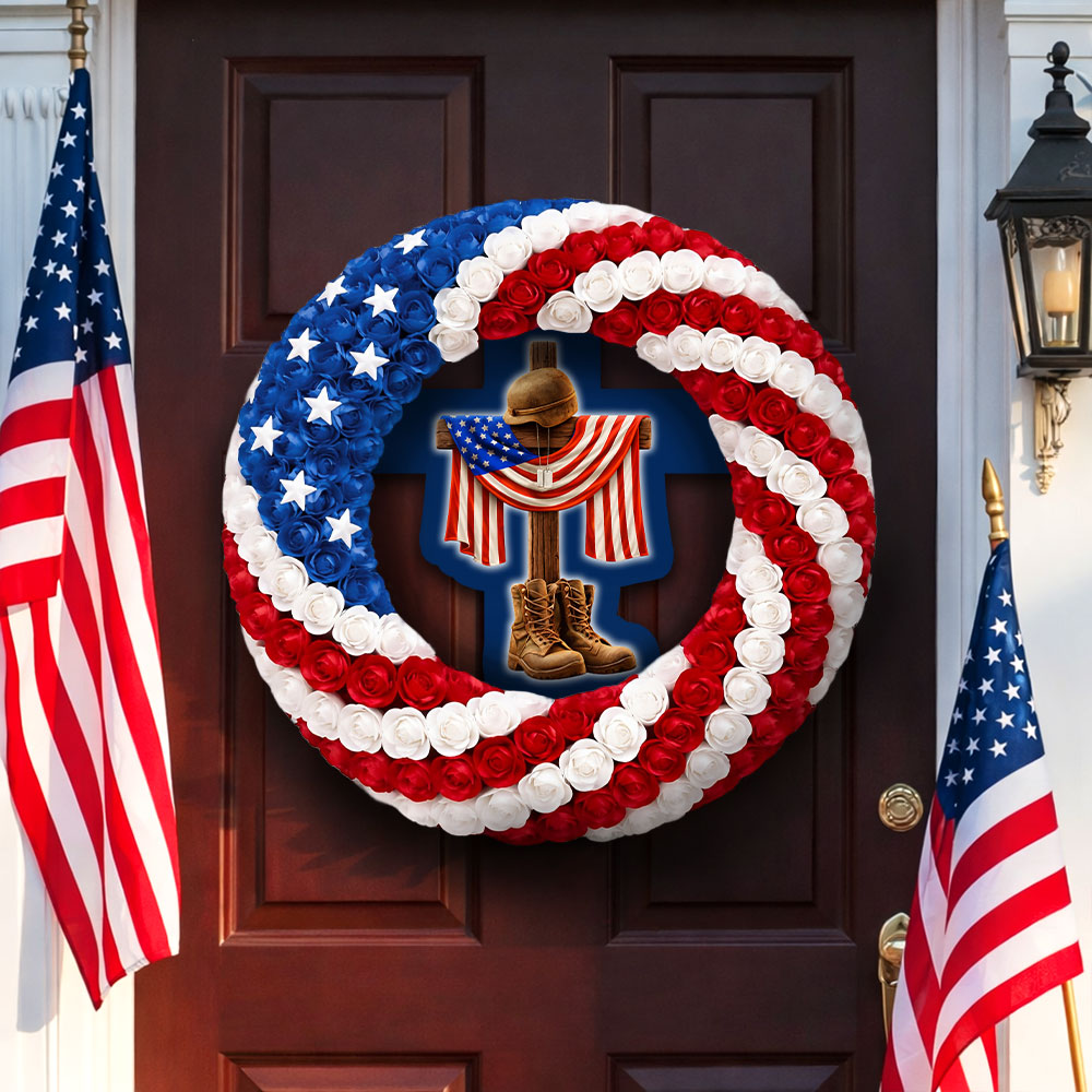 Patriotic Veterans Wreath with Battlefield Cross Dog Tags Front Door Decor for 250 Years of America