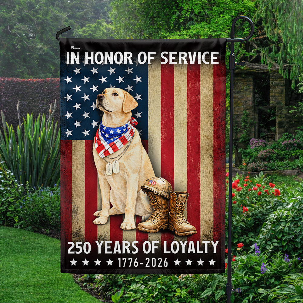 250 Years American Flag with Patriotic Yellow Labrador, US Veteran Dog Flag