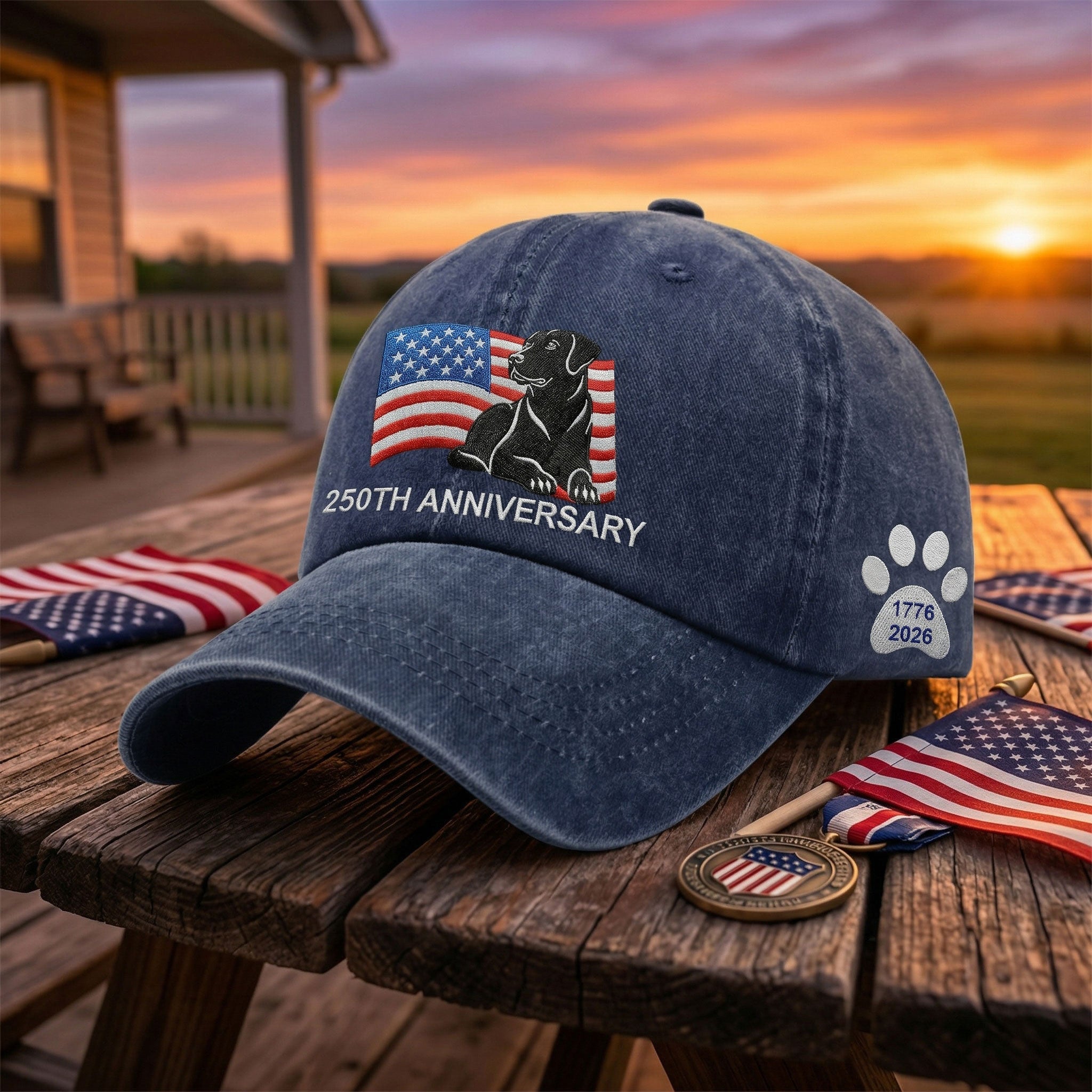 250th Anniversary Patriotic Dog Washed Cap with Embroidered Labrador Retriever American Flag