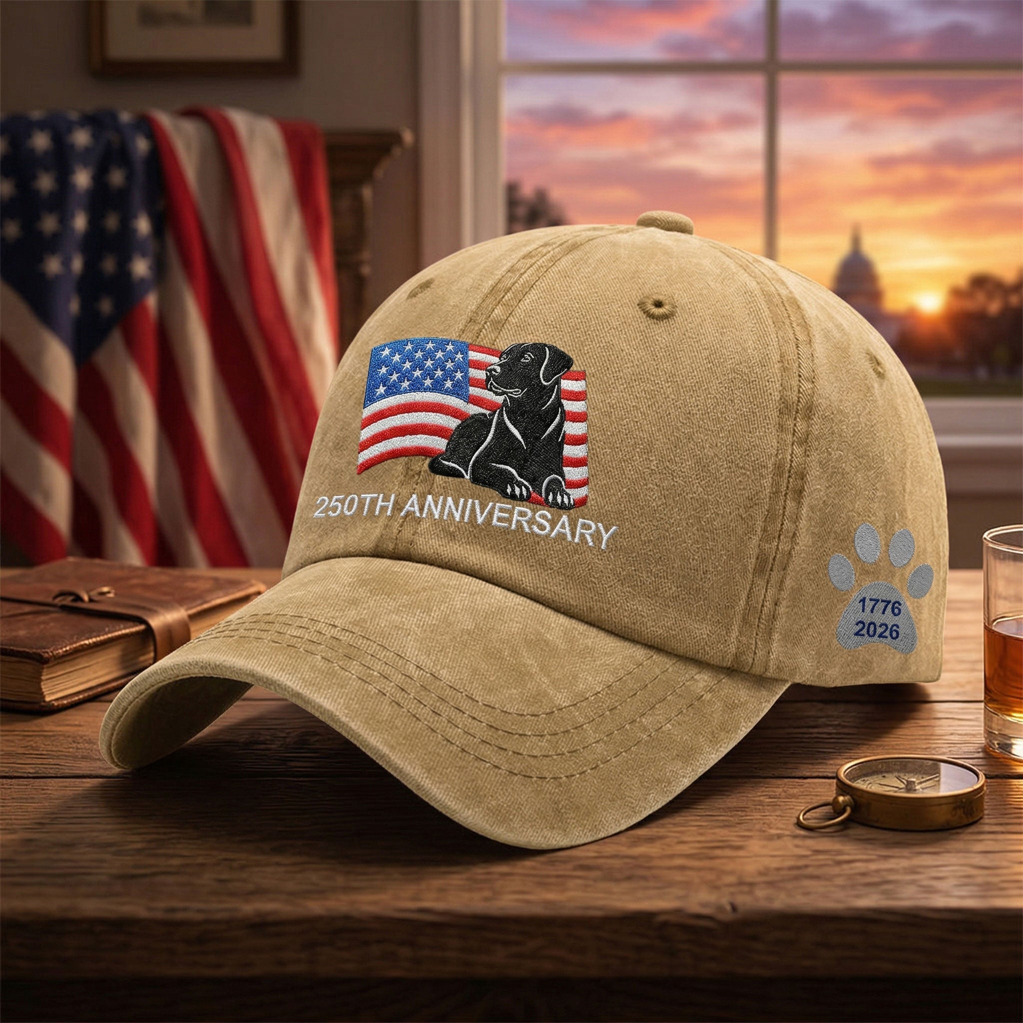 250th Anniversary Patriotic Dog Washed Cap with Embroidered Labrador Retriever American Flag
