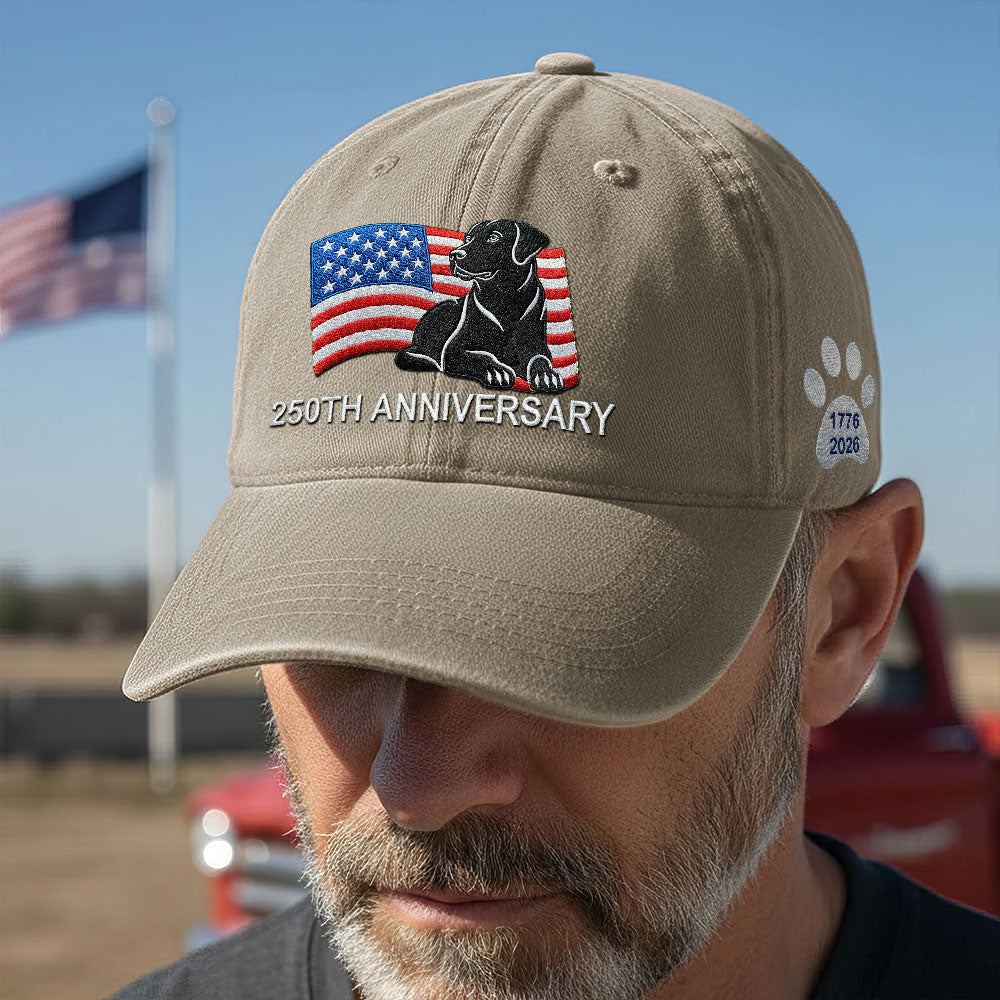 250th Anniversary Patriotic Dog Washed Cap with Embroidered Labrador Retriever American Flag