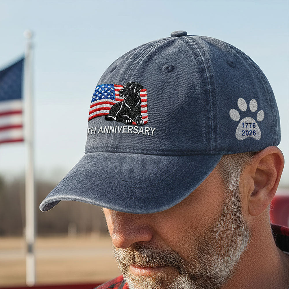 250th Anniversary Patriotic Dog Washed Cap with Embroidered Labrador Retriever American Flag