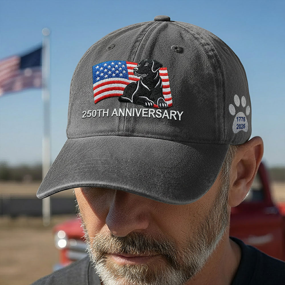 250th Anniversary Patriotic Dog Washed Cap with Embroidered Labrador Retriever American Flag