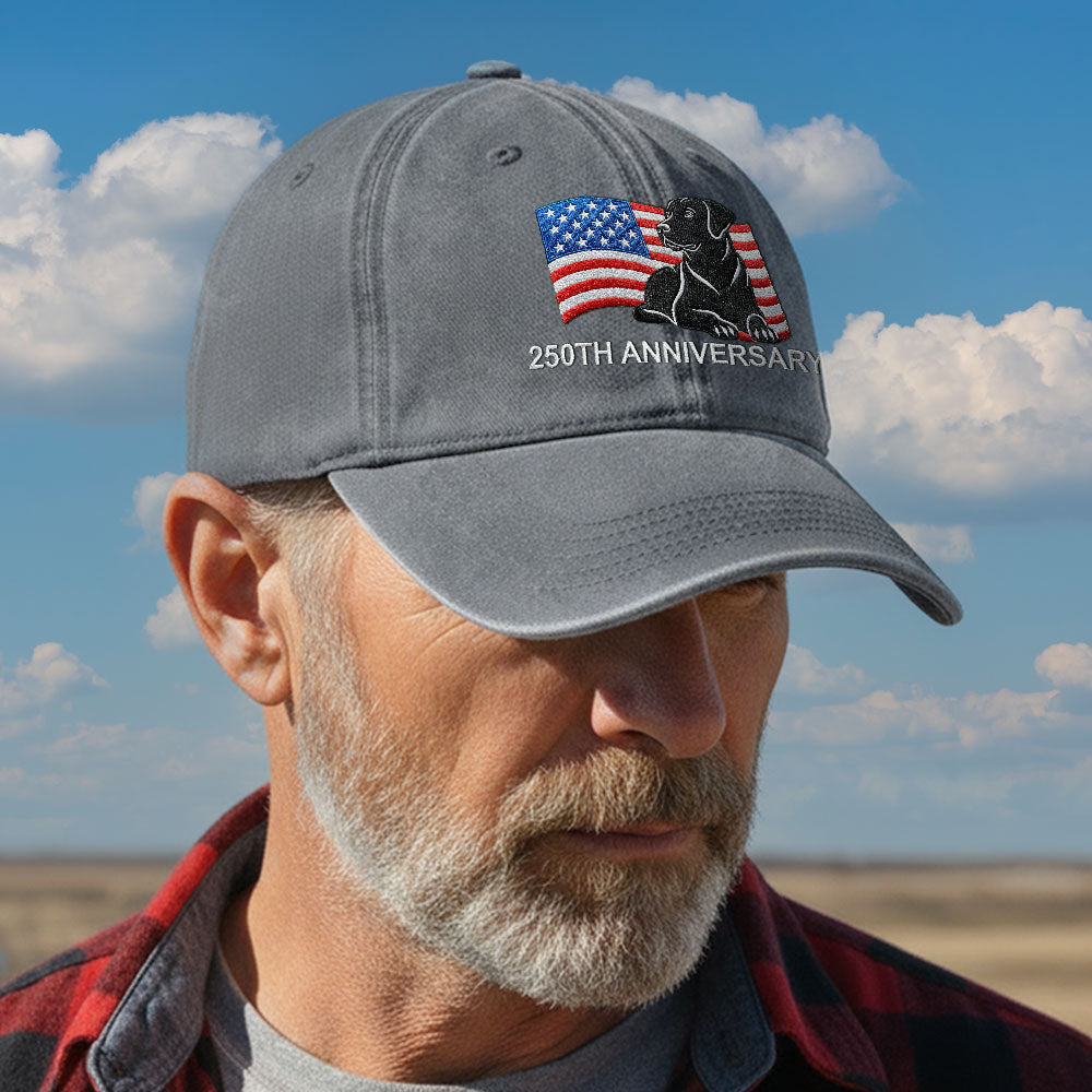 250th Anniversary Patriotic Dog Washed Cap with Embroidered Labrador Retriever American Flag