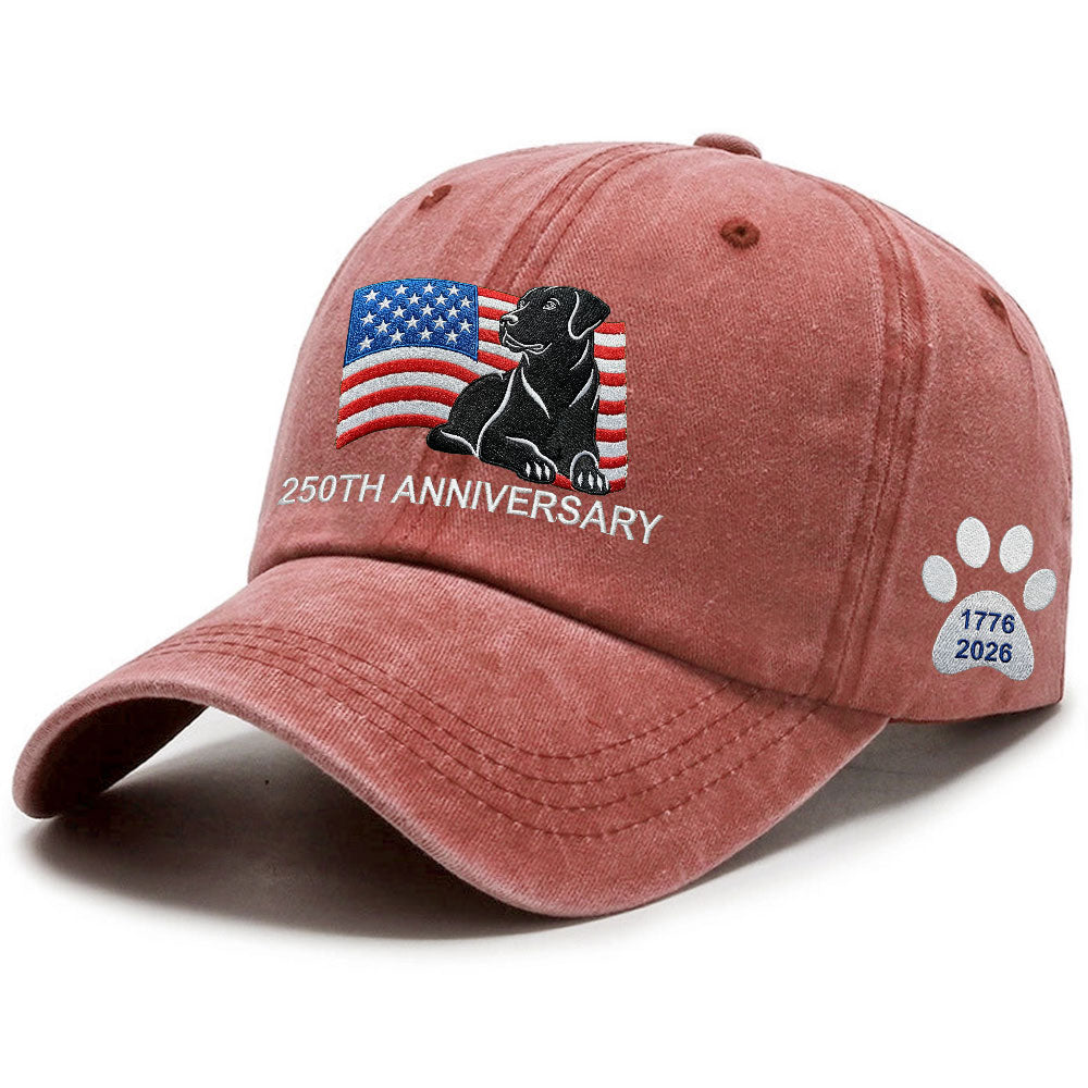 250th Anniversary Patriotic Dog Washed Cap with Embroidered Labrador Retriever American Flag