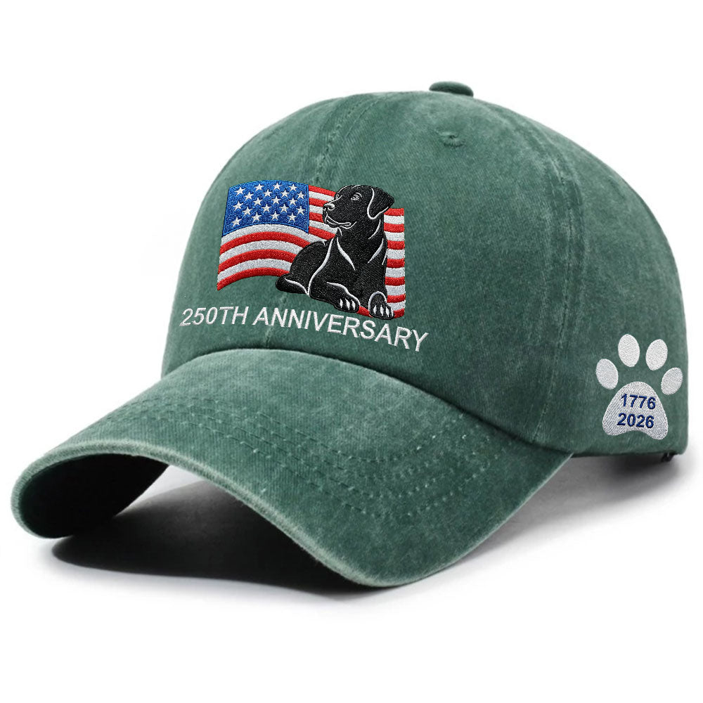 250th Anniversary Patriotic Dog Washed Cap with Embroidered Labrador Retriever American Flag