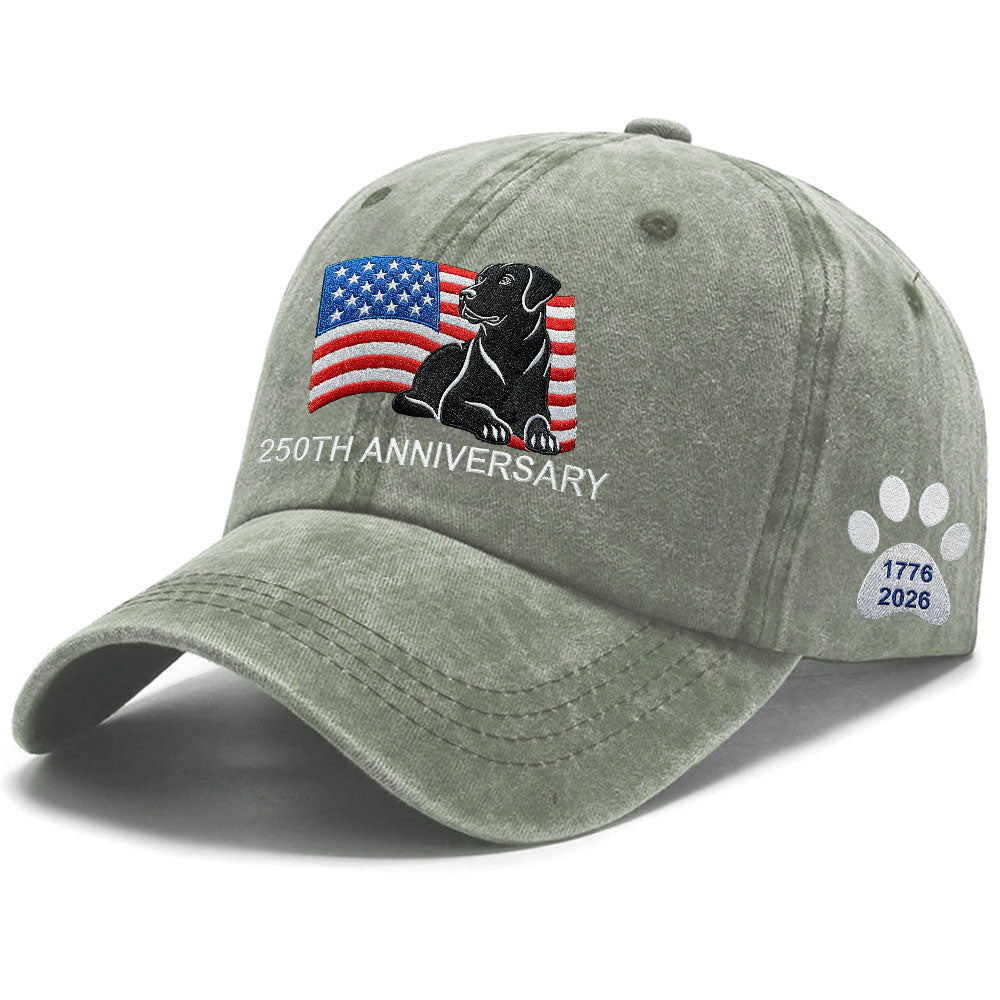 250th Anniversary Patriotic Dog Washed Cap with Embroidered Labrador Retriever American Flag