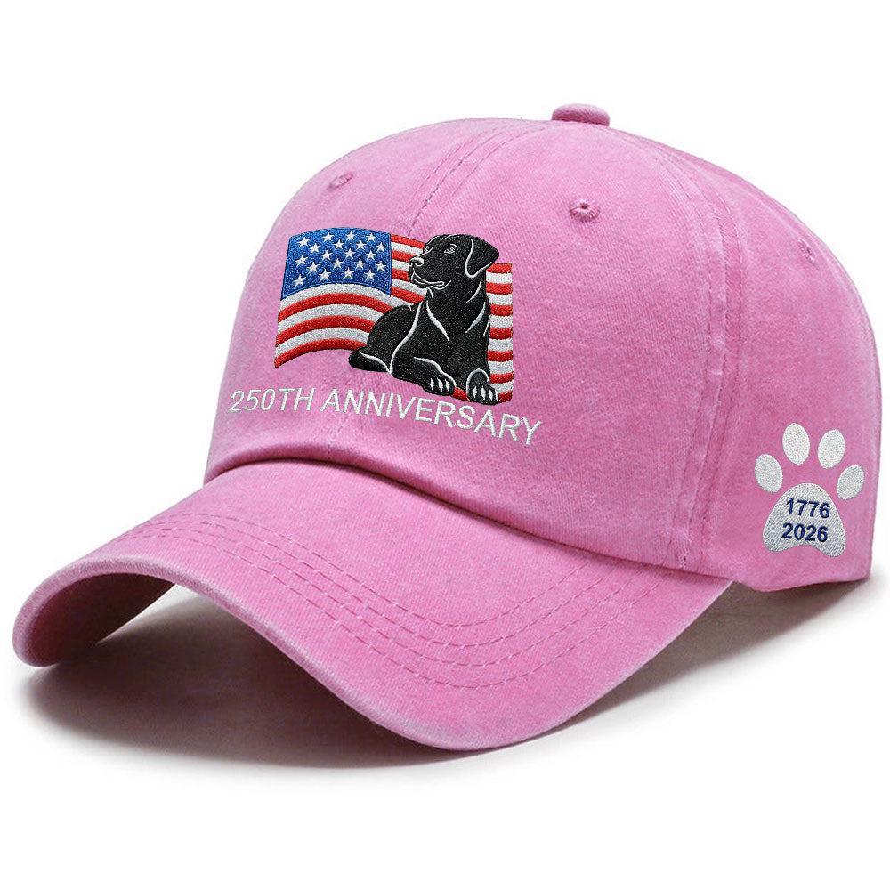 250th Anniversary Patriotic Dog Washed Cap with Embroidered Labrador Retriever American Flag