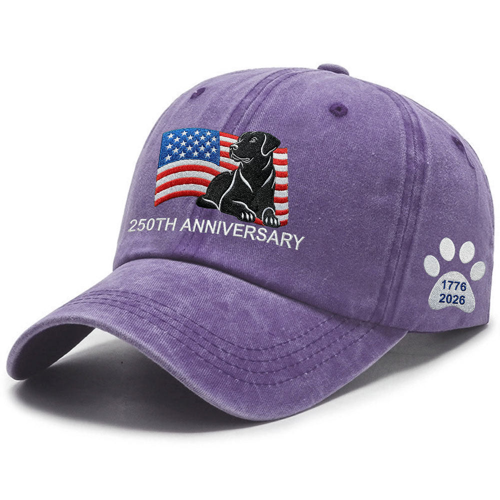 250th Anniversary Patriotic Dog Washed Cap with Embroidered Labrador Retriever American Flag