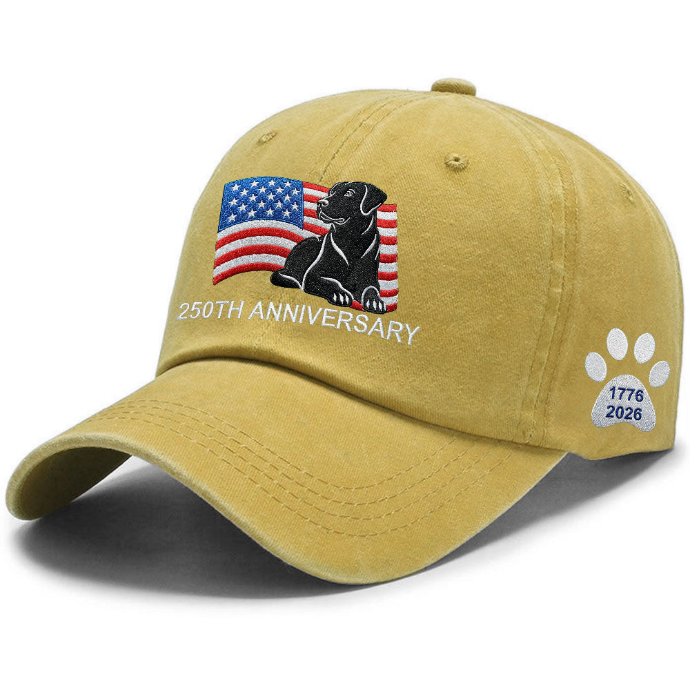 250th Anniversary Patriotic Dog Washed Cap with Embroidered Labrador Retriever American Flag