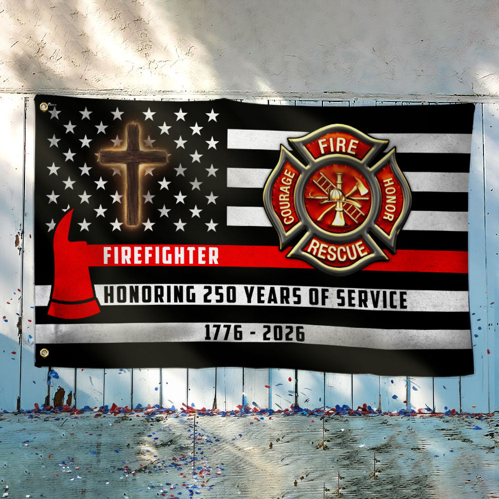Patriotic Firefighter Cross Grommet Flag, Honoring 250 Years American Flag