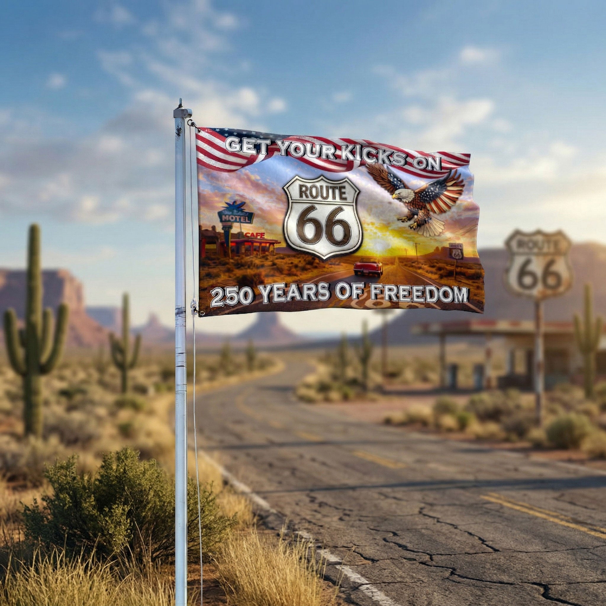 Get Your Kicks On Route 66 Decor, 250 Years of Freedom Vintage American Flag