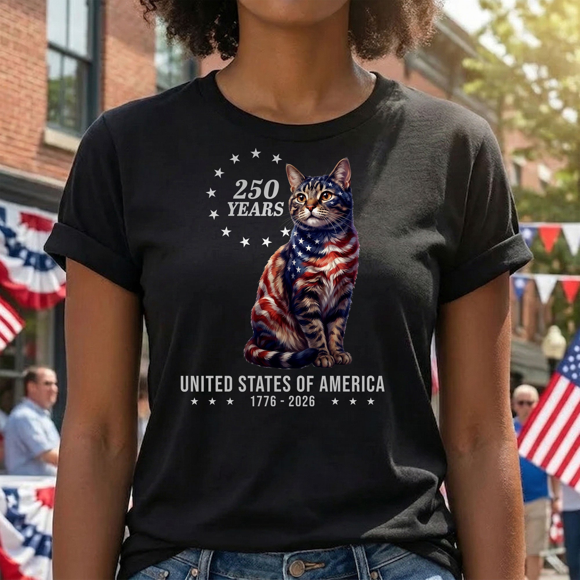 Patriotic American Cat T-Shirt, 250 Years of America 1776 2026 Tee for Cat Lovers